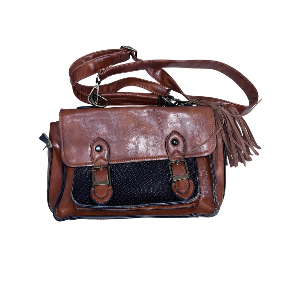 Altar'd State Cognac Brown Woven Satchel Crossbody Bag Tassel Detail Boho Womens
